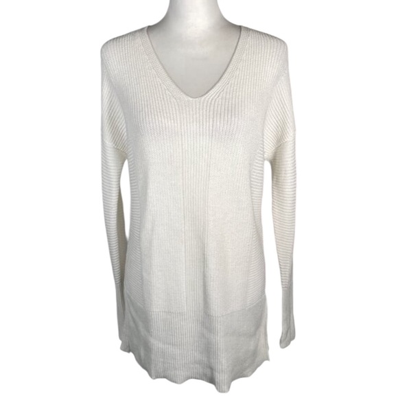 Rachel Zoe White V Neck Ribbed Knit Long Sleeve Pullover Tunic Sweater M - Picture 1 of 14